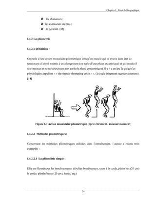 Chapitre I : Etude bibliographique

Ø les abaisseurs ;
Ø les extenseurs du bras ;
Ø le pectoral. [13]

I.4.2 La pliométrie

I.4.2.1 Définition :

On parle d’une action musculaire pliométrique lorsqu’un muscle qui se trouve dans état de
tension est d’abord soumis à un allongement (on parle d’une phase excentrique) et qu’ensuite il
se contracte en se raccourcissant (on parle de phase concentrique). Il y » a en jeu de ce que les
physiologies appellent « » the stretch-shortening cycle » ». (le cycle étirement raccourcissement)
[14]

Figure 6 : Action musculaire pliométrique (cycle étirement- raccourcissement)

I.4.2.2 Méthodes pliométriques;

Concernant les méthodes pliométriques utilisées dans l’entraînement, l’auteur a retenu trois
exemples :

I.4.2.2.1 La pliométrie simple :

Elle est illustrée par les bondissements. (foulées bondissantes, sauts à la corde, plaint bas (20 cm)
la corde, plinthe basse (20 cm), bancs, etc.)

24

 