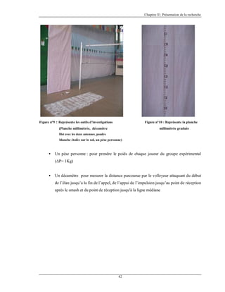 Chapitre II : Présentation de la recherche

Figure n°9

: Représente les outils d’investigations

Figure n°10 : Représente la planche

(Planche millimétrée, décamètre

millimétrée graduée

filet avec les deux antennes, poudre

blanche étalée sur le sol, un pèse personne)

•

Un pèse personne : pour prendre le poids de chaque joueur du groupe expérimental
(ΔP= 1Kg)

•

Un décamètre pour mesurer la distance parcourue par le volleyeur attaquant du début
de l’élan jusqu’a la fin de l’appel, de l’appui de l’impulsion jusqu’au point de réception
après le smash et du point de réception jusqu'à la ligne médiane

42

 
