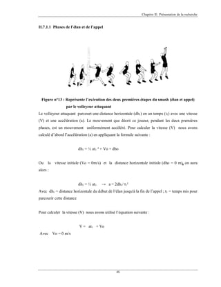 Chapitre II : Présentation de la recherche

II.7.1.1 Phases de l’élan et de l’appel

Figure n°13 : Représente l’exécution des deux premières étapes du smash (élan et appel)
par le volleyeur attaquant
Le volleyeur attaquant parcourt une distance horizontale (dh1) en un temps (t1) avec une vitesse
(V) et une accélération (a). Le mouvement que décrit ce joueur, pendant les deux premières
phases, est un mouvement uniformément accéléré. Pour calculer la vitesse (V) nous avons
calculé d’abord l’accélération (a) en appliquant la formule suivante :

dh1 = ½ at1 ² + Vo + dho

Ou

la

vitesse initiale (Vo = 0m/s) et la distance horizontale initiale (dho = 0 m), on aura

alors :

dh1 = ½ at1

→ a = 2dh1/ t1²

Avec dh1 = distance horizontale du début de l’élan jusqu'à la fin de l’appel ; t1 = temps mis pour
parcourir cette distance

Pour calculer la vitesse (V) nous avons utilisé l’équation suivante :

V = at1 + Vo
Avec

Vo = 0 m/s

46

 