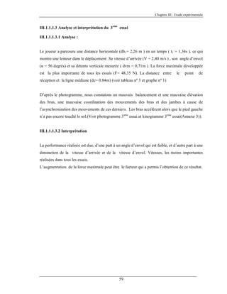 Chapitre III : Etude expérimentale

III.1.1.1.3 Analyse et interprétation du 3 eme essai
III.1.1.1.3.1 Analyse :

Le joueur a parcouru une distance horizontale (dh1= 2,26 m ) en un temps ( t1 = 1,34s ), ce qui
montre une lenteur dans le déplacement .Sa vitesse d’arrivée (V = 2,40 m/s ) , son angle d’envol
(α = 56 degrés) et sa détente verticale mesurée ( dvm = 0,71m ). La force maximale développée
est la plus importante de tous les essais (F= 48,35 N). La distance entre

le

point

de

réception et la ligne médiane (dc= 0.84m) (voir tableau nº 3 et graphe nº 1)

D’après le photogramme, nous constatons un mauvais balancement et une mauvaise élévation
des bras, une mauvaise coordination des mouvements des bras et des jambes à cause de
l’asynchronisation des mouvements de ces derniers. Les bras accélèrent alors que le pied gauche
n’a pas encore touché le sol.(Voir photogramme 3eme essai et kinogramme 3eme essai(Annexe 3)).

III.1.1.1.3.2 Interprétation

La performance réalisée est due, d’une part à un angle d’envol qui est faible, et d’autre part à une
diminution de la vitesse d’arrivée et de la vitesse d’envol. Vitesses, les moins importantes
réalisées dans tous les essais.
L’augmentation de la force maximale peut être le facteur qui a permis l’obtention de ce résultat.

59

 