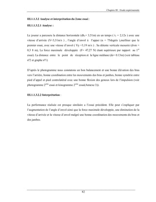 Chapitre III : Etude expérimentale

III.1.1.3.2 Analyse et interprétation du 2eme essai :
III.1.1.3.2.1 Analyse :

Le joueur a parcouru la distance horizontale (dh1 = 3,51m) en un temps ( t1 = 2,12s ) avec une
vitesse d’arrivée (V=3,31m/s ) , l’angle d’envol à l’appui (α = 75degrés ),meilleur que le
premier essai, avec une vitesse d’envol ( Vy =3,19 m/s ) . Sa détente verticale mesurée (dvm =
0,3 8 m), La force maximale développée (F= 47,27 N) étant supérieure par rapport au 1er
essai). La distance entre le point de réception et la ligne médiane (dc= 0.13m) (voir tableau
nº2 et graphe nº1)

D’après le photogramme nous constatons un bon balancement et une bonne élévation des bras
vers l’arrière, bonne coordination entre les mouvements des bras et jambes, bonne symétrie entre
pied d’appel et pied controlatéral avec une bonne flexion des genoux lors de l’impulsion (voir
photogramme 2eme essai et kinogramme 2eme essai(Annexe 3)).

III.1.1.3.2.2 Interprétation :

La performance réalisée est presque similaire a l’essai précèdent. Elle peut s’expliquer par
l’augmentation de l’angle d’envol ainsi que la force maximale développée, une diminution de la
vitesse d’arrivée et la vitesse d’envol malgré une bonne coordination des mouvements du bras et
des jambes.

82

 