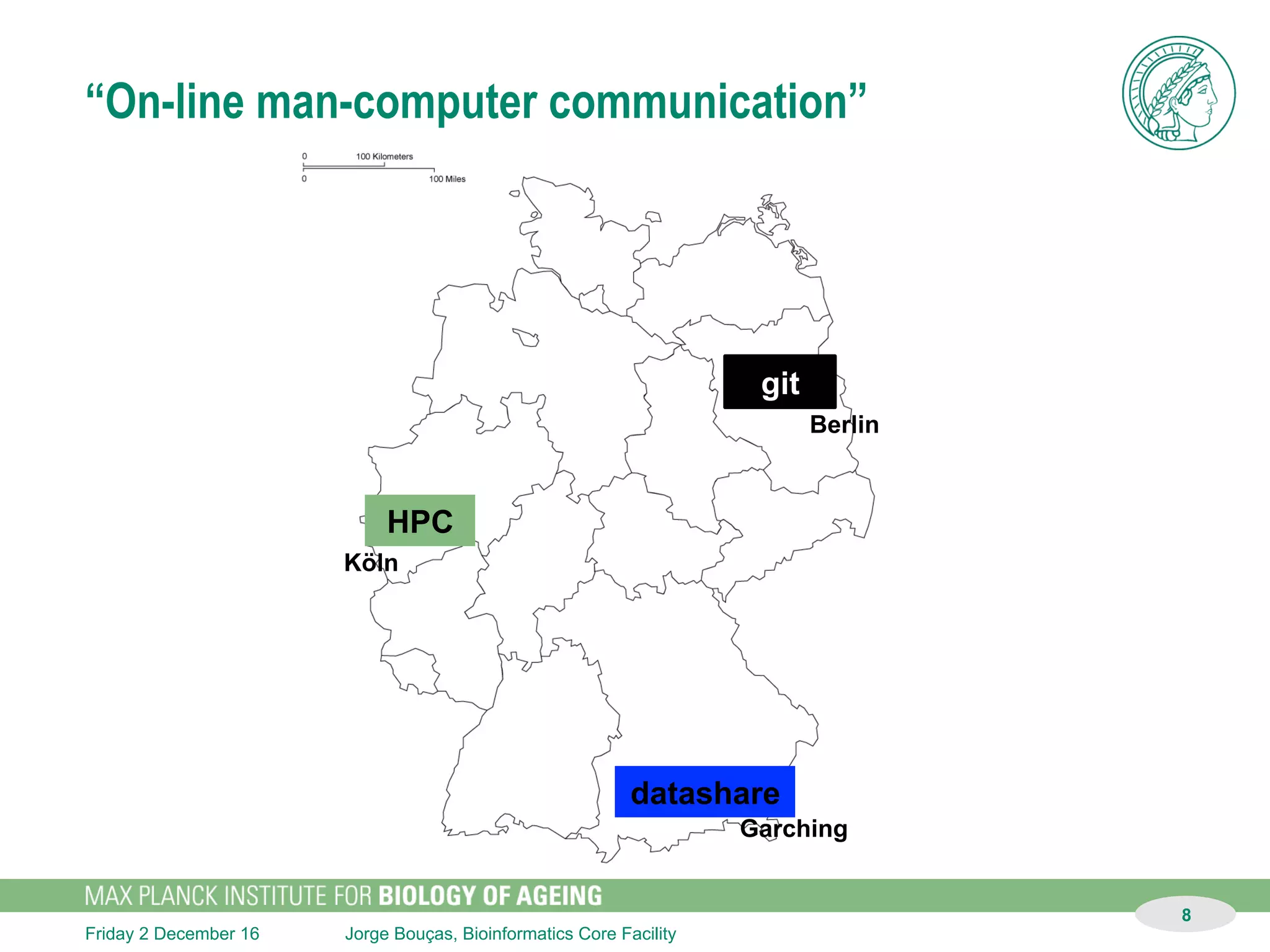 Jorge Bouças, Bioinformatics Core FacilitySunday 11 December 16
8
Performance
þ Network
þ Storage
þ CPUs
þ Memory
þ Software
þ Algorithms
¨ Human
“… It appears that the development of effective human
cooperation and the development of man-computer
symbiosis are "chicken-and-egg" problems. It will take
unusual human teamwork to set up a truly workable
man-computer partnership, and it will take man-computer
partnerships to engender and facilitate the human
cooperation.
…if the required solutions are not ready, it would not be
good to wait for them.”
Licklieder JRC, Clark WE, On-line man-computer communication,
Proceedings of the May 1-3, 1962, spring joint computer conference
 