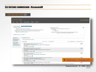 LES ÉDITEURS COMMERCIAUX : RESEARCHERID
ResearcherID : E-7800-2010
source
 Tableau comparatif
 
