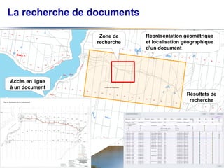La recherche de documents
Zone de
recherche

Représentation géométrique
et localisation géographique
d’un document

Accès en ligne
à un document
Résultats de
recherche

23

 