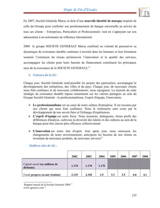 Projet de Fin d’Etudes
En 2007, Société Générale Maroc se dote d’une nouvelle identité de marque inspirée de
celle du Groupe pour conforter son positionnement de banque universelle au service de
tous ses clients – Entreprises, Particuliers et Professionnels- tout en s’appuyant sur son
adossement à un actionnaire de référence international.
2008 le groupe SOCIETE GENERALE Maroc confirmé en volonté de poursuivre sa
dynamique de croissance durable continuer à investir dans les hommes et leur formation
soutenir l’extension du réseau promouvoir l’innovation et la qualité des services,
accompagner les clients pour leurs besoins de financement constituent les principaux
axes de la croissance de la SOCIETE GENERALE.32
3. Valeurs de la SG :
Chaque jour, Société Générale rend possible les projets des particuliers, accompagne le
développement des entreprises, des villes et du pays. Chaque jour, de nouveaux clients
nous font confiance et de nouveaux collaborateurs, nous rejoignent. La réussite de cette
stratégie de croissance durable repose notamment sur les valeurs partagées au sein du
Groupe Société Générale : le professionnalisme, l'esprit d'équipe, l'innovation.
 Le professionnalisme est au cœur de notre culture d'entreprise. Il est reconnu par
nos clients qui nous font confiance. Nous le renforçons sans cesse par le
développement de nos savoir-faire et l'échange d'expériences.
 L’esprit d'équipe est notre force. Nous écoutons, dialoguons, tirons profit des
différences d'analyse, cultivons la diversité des talents et des cultures au sein de la
banque pour être encore plus efficaces collectivement.
 L'innovation est notre état d'esprit. Jour après jour, nous saisissons les
changements de notre environnement, anticipons les besoins de nos clients en
inventant de nouveaux produits, de nouveaux services33
Chiffres clés de SG :
2002 2003 2004 2005 2006 2007 2008
Capital social (en millions de
dirhams)
1.170 1.170 1.170
Fonds propres (avant résultat) 2.125 2.320 2.5 3.3 3.5 4.0 4.1
32
Rapport annuel de la Société Générale 2008.
33
www.sgmaroc.com
125
 