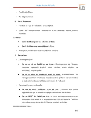 Projet de Fin d’Etudes
− Possible dès 20 ans
− Pas d’âge maximum
 Durée du contrat
− Fonction de l’âge de l’adhérant è la souscription
− Terme : 60 éme
anniversaire de l’adhérant ; ou 10 ans d’adhésion ; selon le terme le
plus tardif
Exemple :
• Durée de 15 ans pour une adhésion à 45ans
• Durée de 10ans pour une adhésion à 51ans
− Prorogation possible pour tacite reconduction annuelle
 Prestations
− Garantie principale
• En cas de vie de l’adhérant au terme : Remboursement de l’épargne
constituée revalorisée (capital, rentes certaines, rentes viagères ou
panachage), ou prorogation
• En cas de décès de l’adhérent avant le terme : Remboursement de
l’épargne constituée revalorisée, majorée des frais prélevés sur versement si
le décès intervient avant le 60éme anniversaire de l’adhérent
− Garantie prévoyance optionnelle
• En cas de décès accidentel avant 60 ans : Versement d’un capital
supplémentaire, égal au montant de l’épargne constituée à la date du décès.
• En cas d’IPT34
de l’adhérent: Prise en charge per l’assureur des versements
programmés entre la date de la reconnaissance de l’IPT et le terme de l’adhésion
puis remboursement, à cette date, de l’épargne constituée revalorisée
34
Invalidité Permanente Totale
138
 