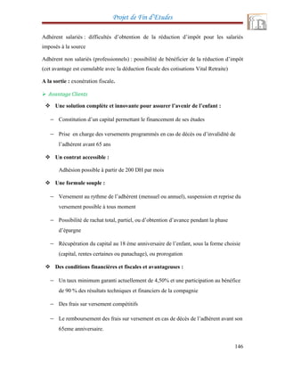 Projet de Fin d’Etudes
Adhérent salariés : difficultés d’obtention de la réduction d’impôt pour les salariés
imposés à la source
Adhérent non salariés (professionnels) : possibilité de bénéficier de la réduction d’impôt
(cet avantage est cumulable avec la déduction fiscale des cotisations Vital Retraite)
A la sortie : exonération fiscale.
 Avantage Clients
 Une solution complète et innovante pour assurer l’avenir de l’enfant :
− Constitution d’un capital permettant le financement de ses études
− Prise en charge des versements programmés en cas de décès ou d’invalidité de
l’adhérent avant 65 ans
 Un contrat accessible :
Adhésion possible à partir de 200 DH par mois
 Une formule souple :
− Versement au rythme de l’adhérent (mensuel ou annuel), suspension et reprise du
versement possible à tous moment
− Possibilité de rachat total, partiel, ou d’obtention d’avance pendant la phase
d’épargne
− Récupération du capital au 18 éme anniversaire de l’enfant, sous la forme choisie
(capital, rentes certaines ou panachage), ou prorogation
 Des conditions financières et fiscales et avantageuses :
− Un taux minimum garanti actuellement de 4,50% et une participation au bénéfice
de 90 % des résultats techniques et financiers de la compagnie
− Des frais sur versement compétitifs
− Le remboursement des frais sur versement en cas de décès de l’adhérent avant son
65eme anniversaire.
146
 