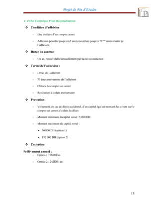 Projet de Fin d’Etudes
 Fiche Technique Vital Hospitalisation
 Condition d’adhésion
- Etre titulaire d’un compte carnet
- Adhésion possible jusqu’à 65 ans (couverture jusqu’à 70 éme
anniversaire de
l’adhésion)
 Durée du contrat
- Un an, renouvelable annuellement par tacite reconduction
 Terme de l’adhésion :
- Décès de l’adhérent
- 70 éme anniversaire de l’adhérent
- Clôture du compte sur carnet
- Résiliation à la date anniversaire
 Prestation
- Versement, en cas de décès accidentel, d’un capital égal au montant des avoirs sue le
compte sur carnet à la date du décès
- Montant minimum ducapital versé : 5 000 DH
- Montant maximum du capital versé :
• 50 000 DH (option 1)
• 150 000 DH (option 2)
 Cotisation
Prélèvement annuel :
- Option 1 : 98DH/an
- Option 2 : 242DH/ an
151
 