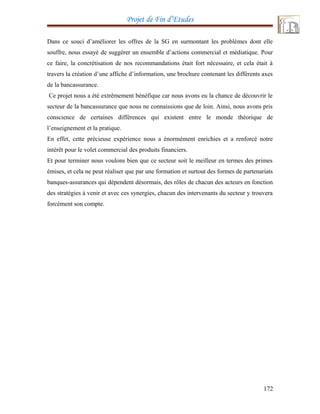 Projet de Fin d’Etudes
Dans ce souci d’améliorer les offres de la SG en surmontant les problèmes dont elle
souffre, nous essayé de suggérer un ensemble d’actions commercial et médiatique. Pour
ce faire, la concrétisation de nos recommandations était fort nécessaire, et cela était à
travers la création d’une affiche d’information, une brochure contenant les différents axes
de la bancassurance.
Ce projet nous a été extrêmement bénéfique car nous avons eu la chance de découvrir le
secteur de la bancassurance que nous ne connaissions que de loin. Ainsi, nous avons pris
conscience de certaines différences qui existent entre le monde théorique de
l’enseignement et la pratique.
En effet, cette précieuse expérience nous a énormément enrichies et a renforcé notre
intérêt pour le volet commercial des produits financiers.
Et pour terminer nous voulons bien que ce secteur soit le meilleur en termes des primes
émises, et cela ne peut réaliser que par une formation et surtout des formes de partenariats
banques-assurances qui dépendent désormais, des rôles de chacun des acteurs en fonction
des stratégies à venir et avec ces synergies, chacun des intervenants du secteur y trouvera
forcément son compte.
172
 