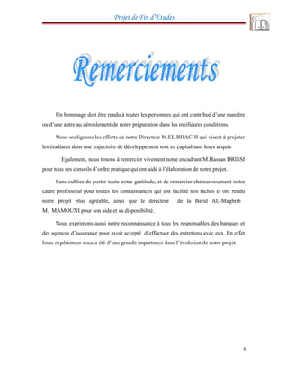 Projet de Fin d’Etudes
Un hommage doit être rendu à toutes les personnes qui ont contribué d’une manière
ou d’une autre au déroulement de notre préparation dans les meilleures conditions.
Nous soulignons les efforts de notre Directeur M.EL RHACHI qui visent à projeter
les étudiants dans une trajectoire de développement tout en capitalisant leurs acquis.
Egalement, nous tenons à remercier vivement notre encadrant M.Hassan DRISSI
pour tous ses conseils d’ordre pratique qui ont aidé à l’élaboration de notre projet.
Sans oublier de porter toute notre gratitude, et de remercier chaleureusement notre
cadre professoral pour toutes les connaissances qui ont facilité nos tâches et ont rendu
notre projet plus agréable, ainsi que le directeur de la Barid AL-Maghrib
M. MAMOUNI pour son aide et sa disponibilité.
Nous exprimons aussi notre reconnaissance à tous les responsables des banques et
des agences d’assurance pour avoir accepté d’effectuer des entretiens avec eux. En effet
leurs expériences nous a été d’une grande importance dans l’évolution de notre projet.
4
 
