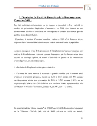 Projet de Fin d’Etudes
I. l’évolution de l’activité financière de la Bancassurance
l’exercice 2008 :
Les états statistiques communiqués par les banques se rapportant à leur activité en
matière de présentation d’opérations d’assurances, en 2008, font ressortir un net
ralentissement du taux de croissance des souscriptions de contrats d’assurances passant
par leur réseau de distribution.
Cependant, le nombre d’agences bancaires créées en 2008 s’est fortement accru,
augurant ainsi d’une amélioration continue du taux de bancarisation de la population.
Après un passage en revue de la progression de l’implantation d’agences bancaires, une
analyse de l’évolution des ventes de contrats d’assurances par les banques et de leurs
sociétés de courtage captives, en termes d’émissions de primes et de commissions
d’apport perçues, est présentée ci-après.
1 - Evolution de l’implantation des agences bancaires
- L’examen des états annexes 9 actualisés a permis d’établir que le nombre total
d’agences a largement progressé, passant de 3.285 à 3.856 unités, soit 571 agences
supplémentaires, contre une progression de 2.826 à 3.285 agences (+459), un an
auparavant (BARID-AL-MAGHRIB inclus, avec un réseau de 661 agences dédiées à la
distribution de produits d’assurances, contre 518, en 2007, soit +143 unités).
En tenant compte du "réseau bancaire" de BARID-AL-MAGHRIB, des autres banques et
de la Trésorerie Générale (soit prés de 4.480 guichets au total), on aboutit,
51
 
