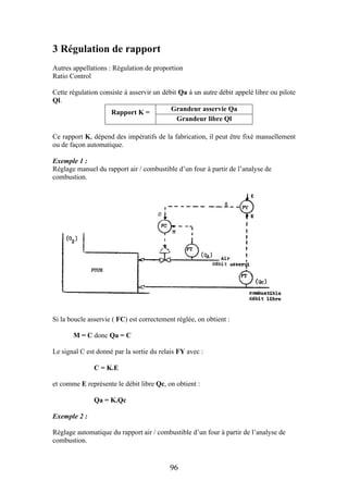 96
3 Régulation de rapport
Autres appellations : Régulation de proportion
Ratio Control
Cette régulation consiste à asservir un débit Qa à un autre débit appelé libre ou pilote
Ql.
Rapport K =
Grandeur asservie Qa
Grandeur libre Ql
Ce rapport K, dépend des impératifs de la fabrication, il peut être fixé manuellement
ou de façon automatique.
Exemple 1 :
Réglage manuel du rapport air / combustible d’un four à partir de l’analyse de
combustion.
Si la boucle asservie ( FC) est correctement réglée, on obtient :
M = C donc Qa = C
Le signal C est donné par la sortie du relais FY avec :
C = K.E
et comme E représente le débit libre Qc, on obtient :
Qa = K.Qc
Exemple 2 :
Réglage automatique du rapport air / combustible d’un four à partir de l’analyse de
combustion.
 
