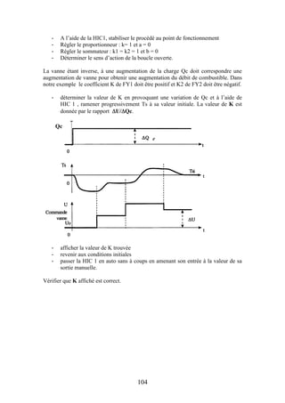 104
- A l’aide de la HIC1, stabiliser le procédé au point de fonctionnement
- Régler le proportionneur : k= 1 et a = 0
- Régler le sommateur : k1 = k2 = 1 et b = 0
- Déterminer le sens d’action de la boucle ouverte.
La vanne étant inverse, à une augmentation de la charge Qc doit correspondre une
augmentation de vanne pour obtenir une augmentation du débit de combustible. Dans
notre exemple le coefficient K de FY1 doit être positif et K2 de FY2 doit être négatif.
- déterminer la valeur de K en provoquant une variation de Qc et à l’aide de
HIC 1 , ramener progressivement Ts à sa valeur initiale. La valeur de K est
donnée par le rapport U/Qc.
- afficher la valeur de K trouvée
- revenir aux conditions initiales
- passer la HIC 1 en auto sans à coups en amenant son entrée à la valeur de sa
sortie manuelle.
Vérifier que K affiché est correct.
c
Qc
 