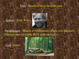 Titre  :  Boucle d’or et les trois ours Auteur  :  Tony Ross   Personnages  :  Boucle d’or (Humain), Papa ours (animal), Maman ours (animal), Bébé ours (animal) Lieu  :  Forêt 