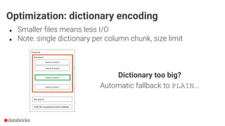 ● Smaller ﬁles means less I/O
● Note: single dictionary per column chunk, size limit
Optimization: dictionary encoding
Dictionary too big?
Automatic fallback to PLAIN...
 