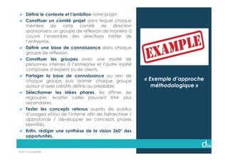 © Dibs I Confidentiel 8
« Exemple d’approche
méthodologique »
Définir le contexte et l’ambition votre projet.
Constituer u...