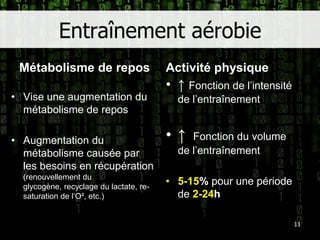 Entraînement aérobieMétabolisme de reposVise une augmentation du métabolisme de reposAugmentation du métabolisme causée par les besoins en récupération(renouvellement du glycogène, recyclage du lactate, re-saturation de l’O², etc.)Activité physique↑ Fonction de l’intensité de l’entraînement↑ Fonction du volume de l’entraînement5-15% pour une période de 2-24h11