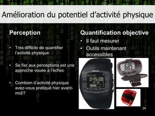 Amélioration du potentiel d’activité physiquePerceptionQuantification objectiveIl faut mesurerOutils maintenant accessibles24Très difficile de quantifier l’activité physiqueSe fier aux perceptions est une approche vouée à l’échecCombien d’activité physique avez-vous pratiqué hier avant-midi?