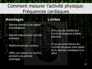 Comment mesurer l’activité physique: Fréquences cardiaquesAvantagesLimites27Mesure directe d’une valeur physiologiqueMesure objective de l’activité physiqueRelativement peu coûteuxOffre une mesure en continu pendant une période prolongéeOffre peu de validité lors d’activité physique à faible intensitéN’est pas une mesure de l’activité physique mais plutôt de la réponse cardiaque à un effort