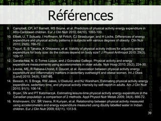 Références9.	Campbell, CP, AT Barnett, MS Boyne, et al. Predictors of physicalactivityenergyexpenditure in Afro-Caribbeanchildren.Eur J Clin Nutr 2010; 64(10). 1093-100.10.	Elbelt, U, T Schuetz, I Hoffmann, M Pirlich, CJ Strasburger, and H Lochs. Differences of energyexpenditure and physicalactivity patterns in subjectswithvariousdegrees of obesity. Clin Nutr 2010; 29(6). 766-72.11.	Taguri, E, S Tanaka, K Ohkawara, et al. Validity of physicalactivity indices for adjustingenergyexpenditure for body size: do the indices depend on body size? J PhysiolAnthropol 2010; 29(3). 109-17.12.	Garatachea, N, G Torres Luque, and J Gonzalez Gallego. Physicalactivity and energyexpendituremeasurementsusingaccelerometers in olderadults.NutrHosp 2010; 25(2). 224-30.13.	Lavoie, ME, R Rabasa-Lhoret, E Doucet, et al. Association betweenphysicalactivityenergyexpenditure and inflammatory markers in sedentaryoverweight and obese women. Int J Obes (Lond) 2010; 34(9). 1387-95.14.	Besson, H, S Brage, RW Jakes, U Ekelund, and NJ Wareham. Estimatingphysicalactivityenergyexpenditure, sedentary time, and physicalactivityintensity by self-report in adults. Am J Clin Nutr 2010; 91(1). 106-14.15.	Bryan, SN and PT Katzmarzyk. Estimatingleisure-time physicalactivityenergyexpenditure in the Canadian population: a comparison of 2 methods.ApplPhysiolNutrMetab 2009; 34(4). 666-72.16.	Krishnaveni, GV, SR Veena, R Kuriyan, et al. Relationship betweenphysicalactivitymeasuredusingaccelerometers and energyexpendituremeasuredusingdoublylabelled water in Indianchildren.Eur J Clin Nutr 2009; 63(11). 1313-9.39