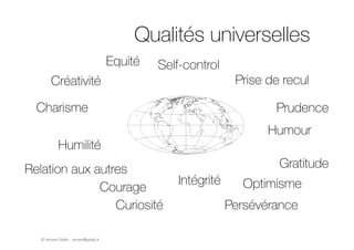 © Vincent Giolito - vincent@giolito.fr
Qualités universelles
Humilité
Prudence
Self-control
Humour
Gratitude
Optimisme
Créativité
Curiosité
Prise de recul
Courage
Persévérance
Intégrité
Relation aux autres
Equité
Charisme
 