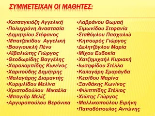 ΣΥΜΜΕΤΕΙΧΑΝ ΟΙ ΜΑΘΗΤΕΣ:
•Κοτσαγκιόζη Αγγελική
•Πολυχρόνη Αναστασία
•Δημητρίου Στέφανος
•Μπατζακίδου Αγγελική
•Βουγιουκλή Πένυ
•Αϊβαλιώτης Γιώργος
•Θεοδωρίδης Βαγγέλης
•Χαραλαμπίδης Κων/νος
•Χαριτούδης Δημήτρης
•Μαλαγάρης Διαμαντής
•Κυριμλίδου Μελίνα
•Χριστοδούλου Μικαέλα
•Μπογιάρ Μελίζ
•Αργυροπούλου Βερόνικα
•Λαβράνου Θωμαή
•Σιμωνίδου Στεφανία
•Σταθόγλου Πασχαλιώ
•Κηπουρός Γιώργος
•Δελητζόγλου Μαρία
•Μίχου Ευδοκία
•Χατζημιχαήλ Κυριακή
•Ιωσηφίδου Στέλλα
•Καλαγάρη Σμαράγδα
•Κεσίδου Μαρίνα
•Ξανθάκης Κων/νος
•Φιλιππίδης Στέλιος
•Χιώτης Γιώργος
•Μαλλικοπούλου Ειρήνη
•Παπαδόπουλος Αντώνης
 