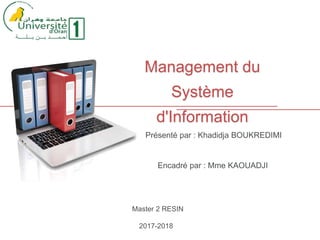 Présenté par : Khadidja BOUKREDIMI
Management du
Système
d'Information
Encadré par : Mme KAOUADJI
Master 2 RESIN
2017-2018
 
