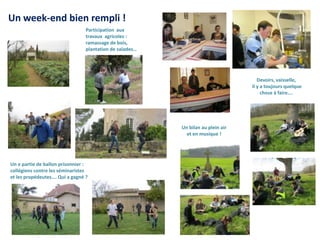 Un week-end bien rempli !Participation  aux travaux  agricoles : ramassage de bois,  plantation de salades…Devoirs, vaisselle, il y a toujours quelque chose à faire….Un bilan au plein air et en musique !Un e partie de ballon prisonnier : collégiens contre les séminaristes et les propédeutes…. Qui a gagné ?