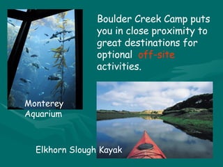 Monterey Aquarium Elkhorn Slough Kayak Boulder Creek Camp puts you in close proximity to great destinations for optional  off-site  activities. 