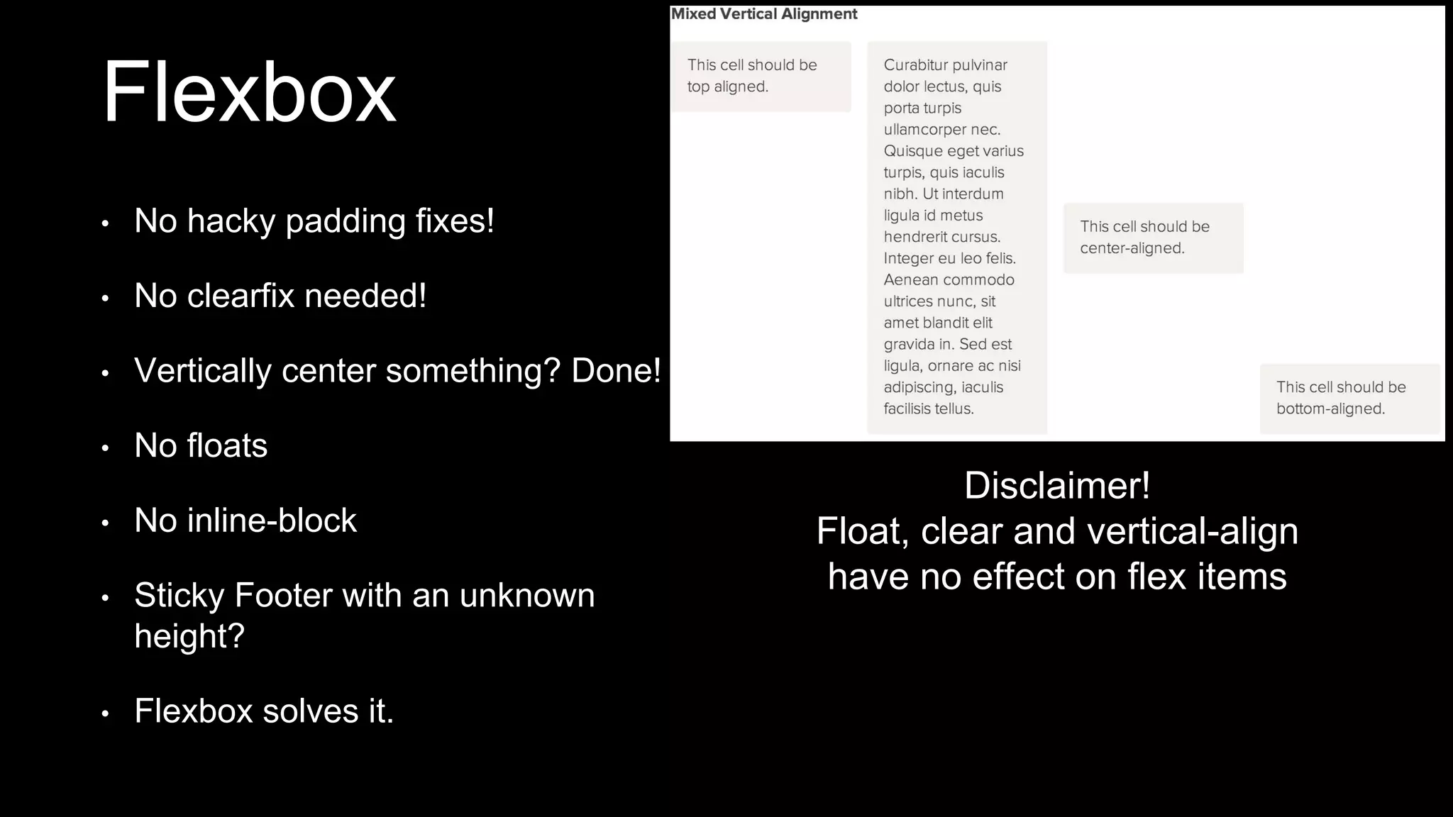 Flexbox
• No hacky padding fixes!
• No clearfix needed!
• Vertically center something? Done!
• No floats
• No inline-block
• Sticky Footer with an unknown
height?
• Flexbox solves it.
Disclaimer!
Float, clear and vertical-align
have no effect on flex items
 