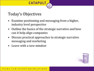 Today’s Objectives
• Examine positioning and messaging from a higher,
industry level perspective
• Outline the basics of t...