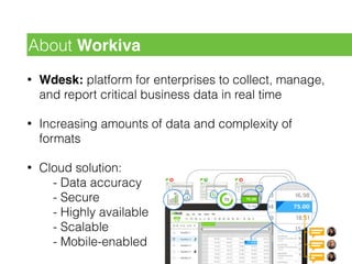 • Wdesk: platform for enterprises to collect, manage,
and report critical business data in real time
• Increasing amounts of data and complexity of
formats
• Cloud solution: 
- Data accuracy 
- Secure 
- Highly available 
- Scalable 
- Mobile-enabled
About Workiva
 