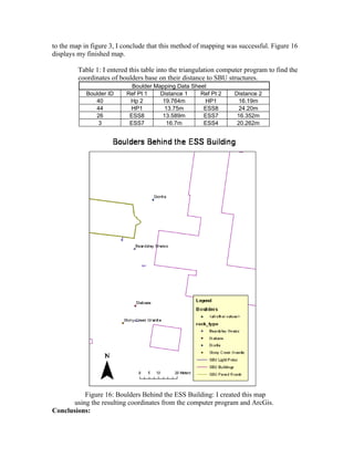 to the map in figure 3, I conclude that this method of mapping was successful. Figure 16
displays my finished map.

         Table 1: I entered this table into the triangulation computer program to find the
         coordinates of boulders base on their distance to SBU structures.
                            Boulder Mapping Data Sheet
            Boulder ID    Ref Pt 1    Distance 1    Ref Pt 2      Distance 2
               40          Hp 2        19.764m        HP1           16.19m
               44          HP1          13.75m       ESS8           24.20m
               26          ESS8        13.589m       ESS7          16.352m
                3          ESS7         16.7m        ESS4          20.262m




          Figure 16: Boulders Behind the ESS Building: I created this map
      using the resulting coordinates from the computer program and ArcGis.
Conclusions:
 
