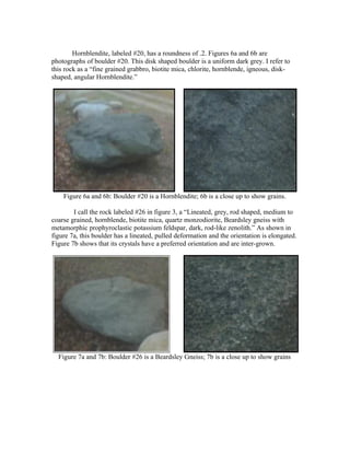Hornblendite, labeled #20, has a roundness of .2. Figures 6a and 6b are
photographs of boulder #20. This disk shaped boulder is a uniform dark grey. I refer to
this rock as a “fine grained grabbro, biotite mica, chlorite, hornblende, igneous, disk-
shaped, angular Hornblendite.”




    Figure 6a and 6b: Boulder #20 is a Hornblendite; 6b is a close up to show grains.

        I call the rock labeled #26 in figure 3, a “Lineated, grey, rod shaped, medium to
coarse grained, hornblende, biotite mica, quartz monzodiorite, Beardsley gneiss with
metamorphic prophyroclastic potassium feldspar, dark, rod-like zenolith.” As shown in
figure 7a, this boulder has a lineated, pulled deformation and the orientation is elongated.
Figure 7b shows that its crystals have a preferred orientation and are inter-grown.




  Figure 7a and 7b: Boulder #26 is a Beardsley Gneiss; 7b is a close up to show grains
 