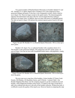 Two good examples of Branford Quartz Monzonite are boulders labeled #11 and
#45. Boulder #11 is sphere shaped with a roundness of 0.3 and composed of mica,
potassium feldspar and quartz. It also has a vain of pegmatite crystals, which is hard to
see in figure 14a. There are larger crystals in the quartz matrix. The sheared pegmatite
indicates that deformation took place after the vain developed therefore making it
difficult to see larger clasts. In addition, there are many little pieces of imbedded garnet.
The dark red spots in figure 14b indicate this common igneous garnet found in this type
of rock.




   Figure 14a and 14b: Boulder #11 is a Branford Quartz Monzonite. 14b is a close up to
show grains.

        Boulder # 45, figure 15a, is a spherical boulder with a roundness factor of .6.
This boulder is 50% potassium feldspar, 20% plagioclase and 20% smoky quartz. As
seen in Figure 15b it has an iron oxide, hornblende biotite matrix with pegmatitic, weakly
foliated gneiss.




  Figure 15a and 15b: Boulder #45 is a Branford Quartz Monzonite. 15b is a close up to
show the grains.

         The next step was to map four of the boulders. I chose boulder #37 Stony Creek
Granite, #44 Diabase, #26 Beardsley Gneiss, and #3 Diorite. I entered Table 1, the
Boulder Mapping Data Sheet, into the computer program to get the coordinates for each
boulder. I then mapped the boulders using ArcGis. To improve this map I would like to
add in the walking trails that are in the area of the boulder collection. Without the trails, it
is difficult to assess the quality of the map by eye. However based on comparing this map
 