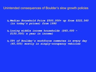 Unintended consequences of Boulder’s slow growth policies 
 Median Household Price $500,000+ up from $222,560 
(in today’s prices) from 1990 
 Losing middle income households ($65,000 – 
$150,000) a year in income) 
 59% of Boulder’s workforce commutes in every day 
(60,000) mostly in singly-occupancy vehicles 
 