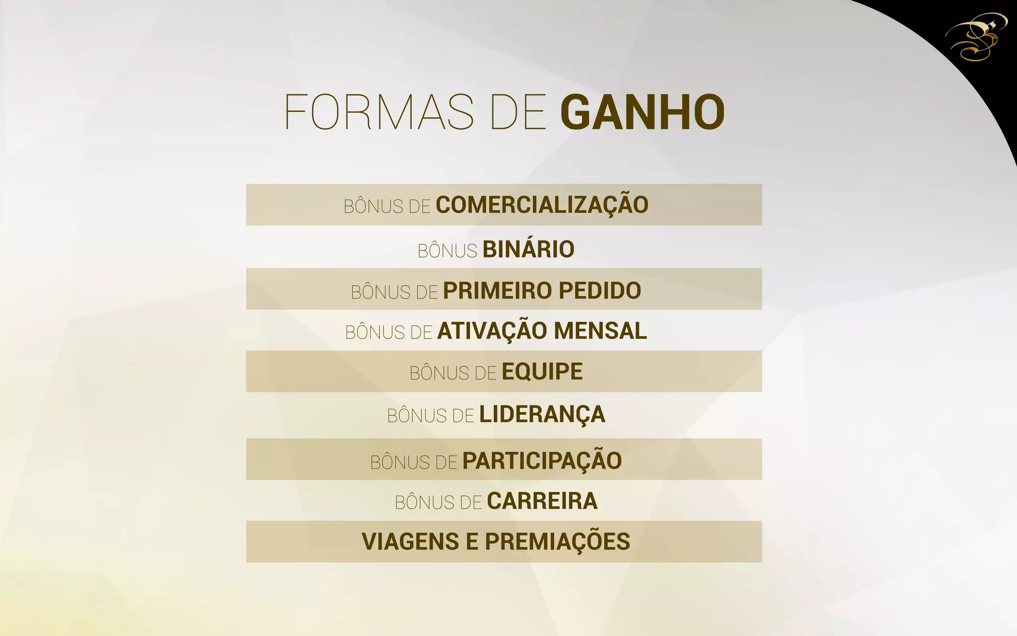 FORMAS DE GANHO
BÔNUS DE COMERCIALIZAÇÃO
BÔNUS BINÁRIO
BÔNUS DE PRIMEIRO PEDIDO
BÔNUS DE PARTICIPAÇÃO
BÔNUS DE ATIVAÇÃO MENSAL
BÔNUS DE CARREIRA
BÔNUS DE EQUIPE
VIAGENS E PREMIAÇÕES
BÔNUS DE LIDERANÇA
 