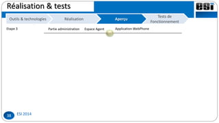 38
Réalisation & tests
Outils &
technologies
RéalisationOutils & technologies Réalisation
Partie administration Espace Agent Application WebPhone
Tests de
Fonctionnement
Aperçu
Etape 3
 