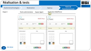 Tests de
Fonctionnement
39
Réalisation & tests
Outils &
technologies
RéalisationOutils & technologies
Partie administration Espace Agent Application WebPhone
Tests de
Fonctionnement
AperçuAperçu
Etape 3
 