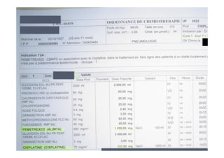 Cas clinique cancer bronchique
Glucidion = G5% 2l/6H, prévention de la
néphrotoxicité du cisplatine, 2l avant la chimiothérapie
puis 2 l après
Chlorazepate dipotassique = Tranxene® : prévention
des nausées et vomissements anticipés
Prednisolone ou Méthylprednisolone = corticotherapie
1 mg/kg (cf précédemment)
Acide folique : carence en folates induits par
pemetrexed = antifolate, se prend en continu par voie
orale
 