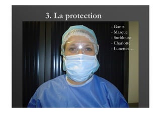 3. La protection
- Gants
- Masque
- Surblouse
- Charlotte
- Lunettes…
 