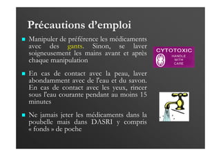 Précautions d’emploi
Manipuler de préférence les médicaments
avec des gants. Sinon, se laver
soigneusement les mains avant et après
chaque manipulation
En cas de contact avec la peau, laver
abondamment avec de l'eau et du savon.
En cas de contact avec les yeux, rincer
sous l'eau courante pendant au moins 15
minutes
Ne jamais jeter les médicaments dans la
poubelle mais dans DASRI y compris
« fonds » de poche
 