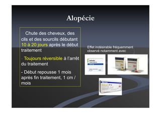 Alopécie
- Chute des cheveux, des
cils et des sourcils débutant
10 à 20 jours après le début
traitement
- Toujours réversible à l’arrêt
du traitement
- Début repousse 1 mois
après fin traitement, 1 cm /
mois
Effet indésirable fréquemment
observé notamment avec
 