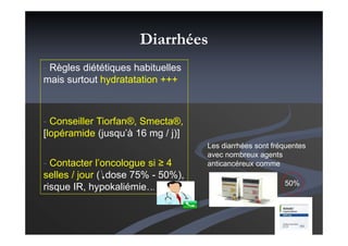 Diarrhées
- Règles diététiques habituelles
mais surtout hydratatation +++
(> 2 litres / jour)
- Conseiller Tiorfan®, Smecta®,
[lopéramide (jusqu’à 16 mg / j)]
- Contacter l’oncologue si ≥ 4
selles / jour ( dose 75% - 50%),
risque IR, hypokaliémie…
Les diarrhées sont fréquentes
avec nombreux agents
anticancéreux comme
50%
 