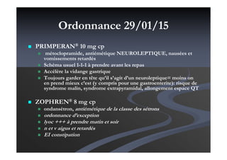 Ordonnance 29/01/15
PRIMPERAN® 10 mg cp
métoclopramide, antiémétique NEUROLEPTIQUE, nausées et
vomissements retardés
Schéma usuel 1-1-1 à prendre avant les repas
Accélère la vidange gastrique
Toujours garder en tête qu’il s’agit d’un neuroleptique= moins on
en prend mieux c’est (y compris pour une gastroenterite): risque de
syndrome malin, syndrome extrapyramidal, allongement espace QT
ZOPHREN® 8 mg cp
ondansétron, antiémétique de la classe des sétrons
ordonnance d’exception
lyoc +++ à prendre matin et soir
n et v aigus et retardés
EI constipation
 