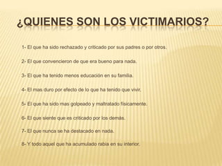 Responsabilidad Como Sociedad Como sociedad, somos responsables de este brutal síntoma que esta destruyendo el futuro sicológico , de quienes pueden ser la salida hacia una estructura social mas justa, que respete las diferencias y capaz de crear modelos de desarrollo basados en la cooperación, mas que la competición y  estamos siendo llamados, a la atención, a través del sufrimiento de nuestros hijos, a atrevernos a generar un cambio desde nosotros los adultos.