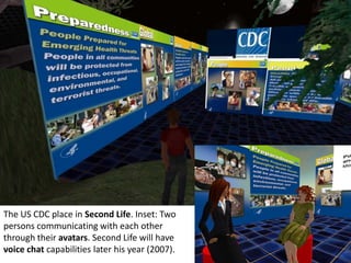 The US CDC place in Second Life. Inset: Two
persons communicating with each other
through their avatars. Second Life will have
voice chat capabilities later his year (2007).
 