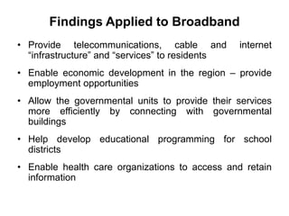 Findings Applied to Broadband 
• Provide telecommunications, cable and internet 
“infrastructure” and “services” to reside...