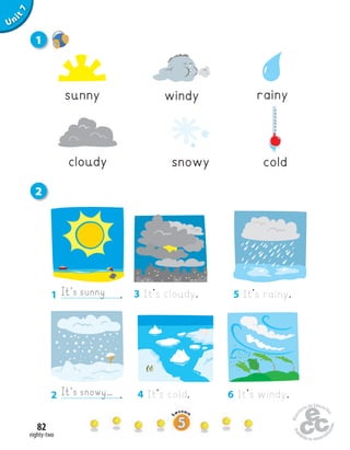 eighty-two
82
Unit1
Home
work Book
page8
3 It’s cloudy. 5 It’s rainy.
4 It’s cold. 6 It’s windy.
sunny windy rainy
cloudy snowy cold
1 .It’s sunny
2 .It’s snowy…
Uninit1Unit7
1
2
 