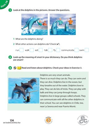 1 Look at the dolphins in the pictures. Answer the questions.
2 Look up the meaning of smart in your dictionary. Do you think dolphins
are smart?
3 Read and listen about dolphins. Check your ideas in Exercise 3.
Unit
10
1 What are the dolphins doing?
2 What other actions can dolphins do? Check (✔).
run walk eat talk fly communicate swim
Dolphins are very smart animals.
There is so much they can do. They can swim and
they can dive. Dolphins live in the ocean, but
they breathe out of the water. Dolphins love to
play. They can do lots of tricks. They can play with
balls and they can jump through hoops.
Dolphins live in large groups called schools. They
can communicate with all the other dolphins in
their school. You can see dolphins in Chile, too,
near La Serena and near Puerto Montt.
one hundred and thirty-four
134
Homew
ork Book p
age54
 